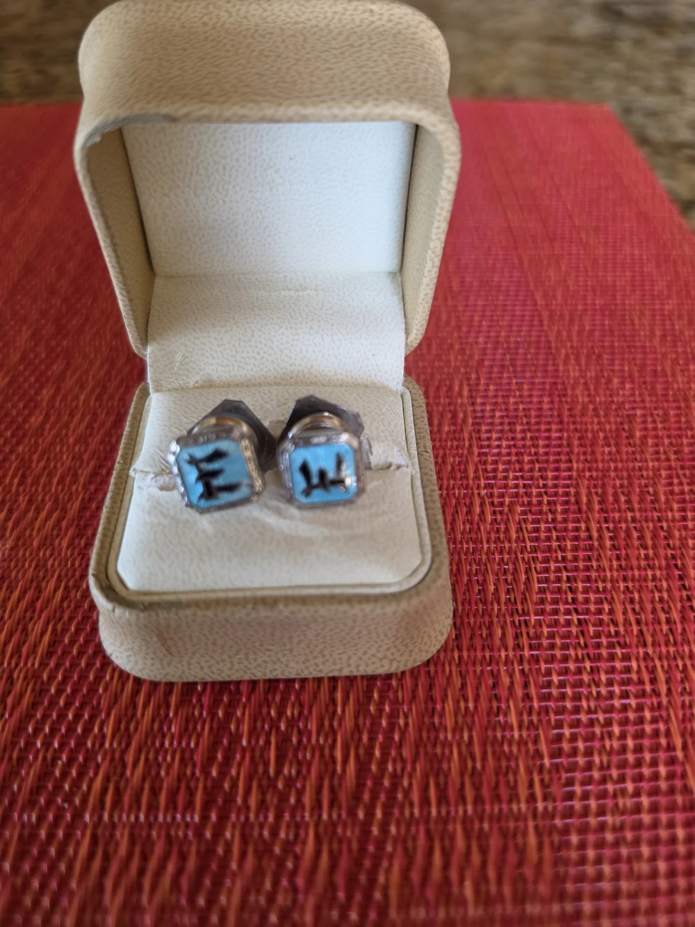 Vintage Turquoise & Black Enamel Cufflinks Pull Apart Initials Masonic EUC